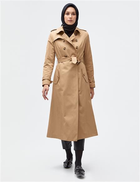 Bone Buttons Double Breasted Trench Coat Beige
