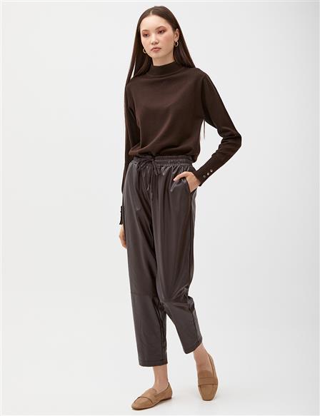Elastic Waist Faux Leather Pants Bitter Brown