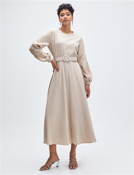 Stone Embroidered Embossed Dress Cream