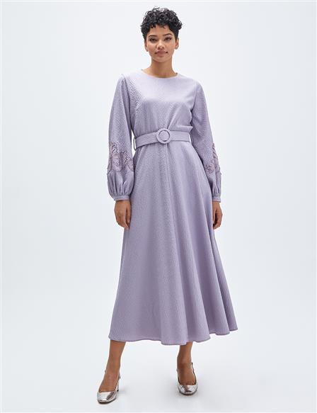 Stone Embroidered Embossed Dress Lilac
