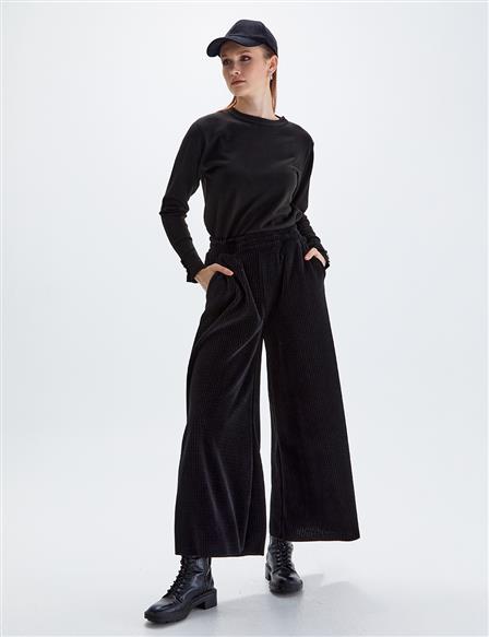 Ribbed Wide Leg Trousers Black