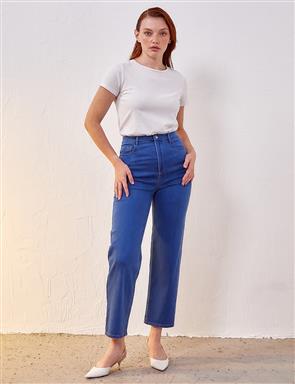 Bol Paça Eskitme Denim Pantolon Mavi