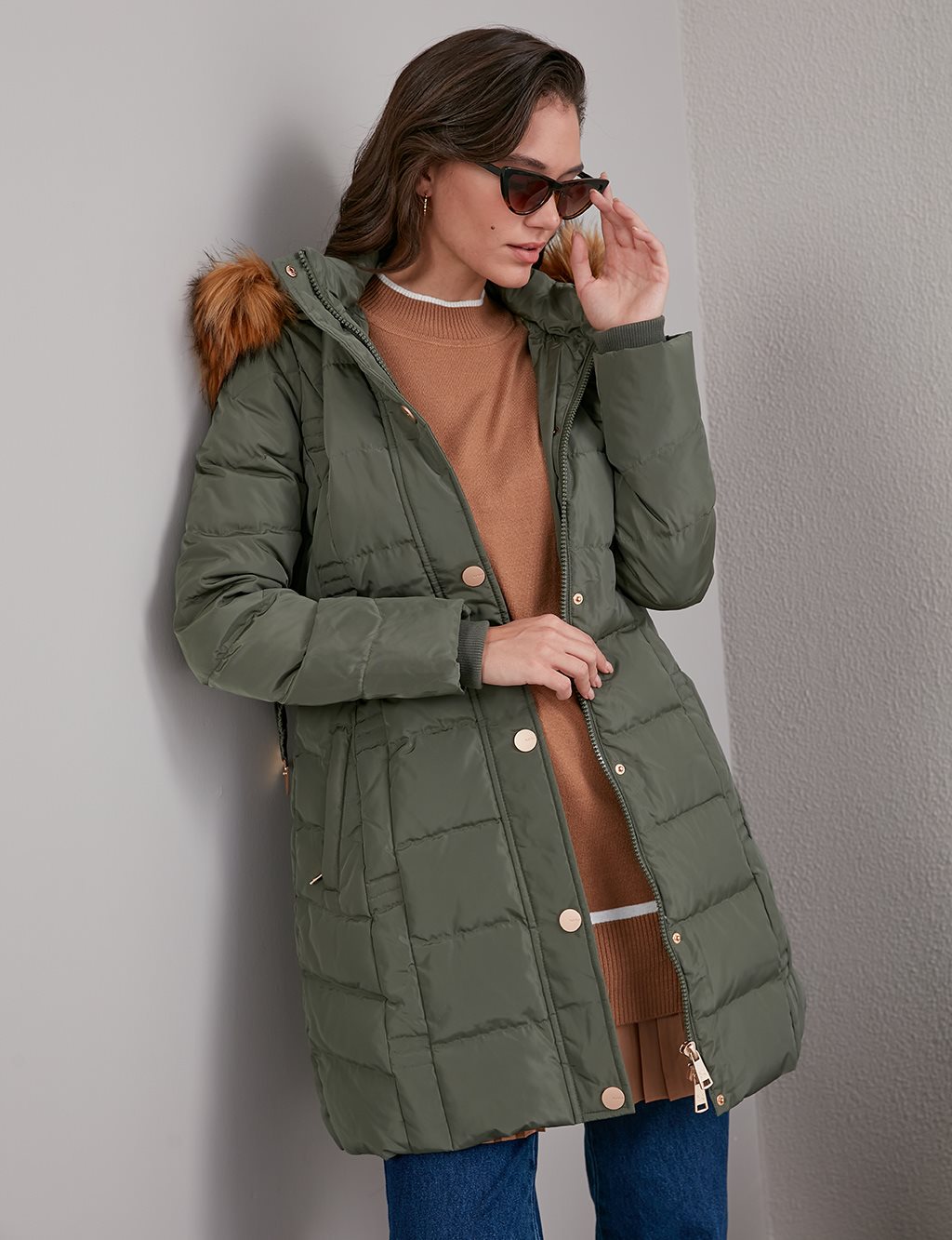 Quilted, Hooded Goose Down Coat A20 27006 Khaki - Kayra.com