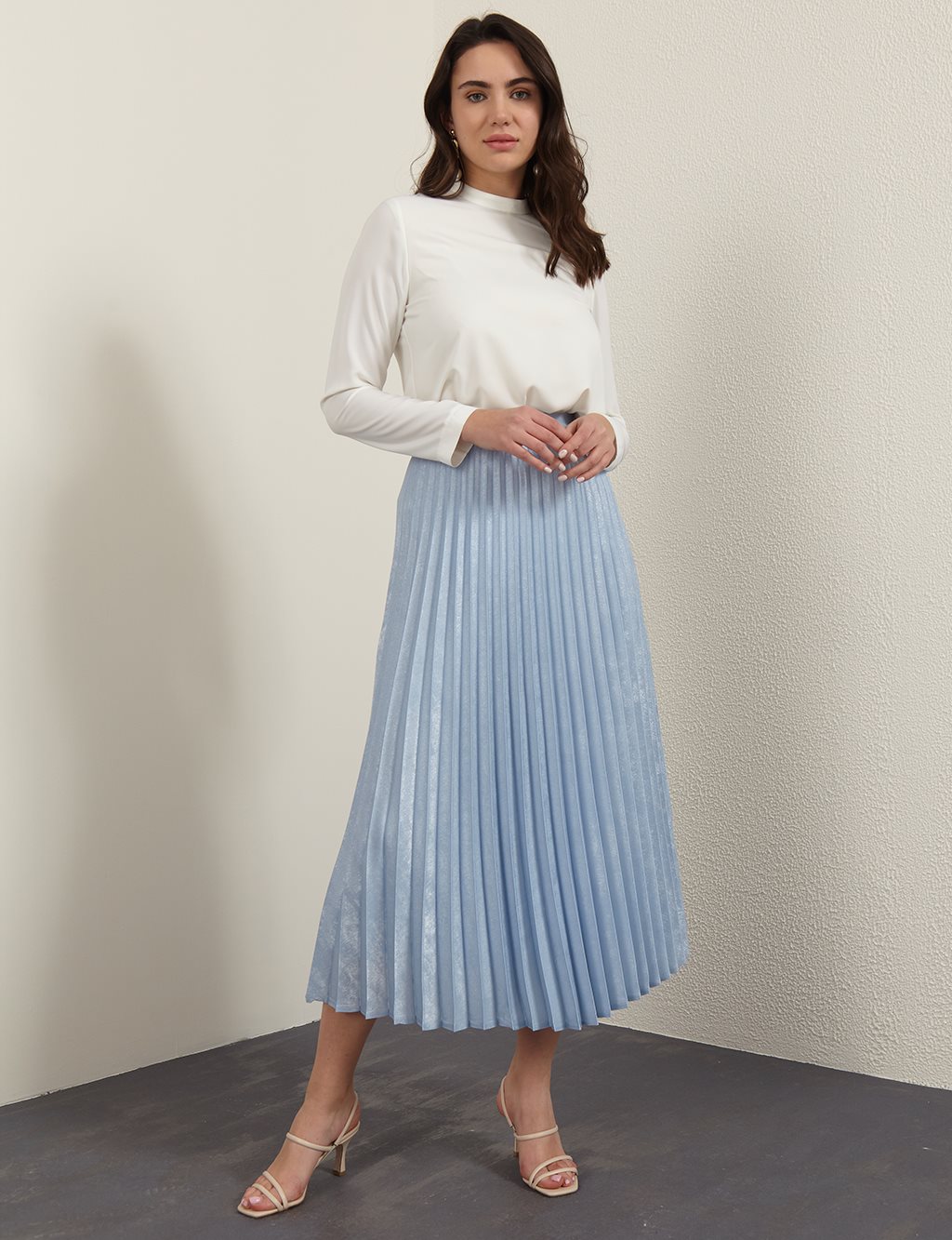 Silvery Jacquard Pleated Skirt B21 12001 Blue