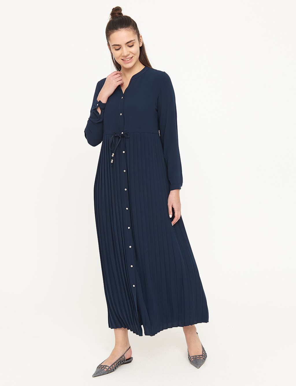 Round Neck Dress With Pleated Skirt B21 23010 Navy