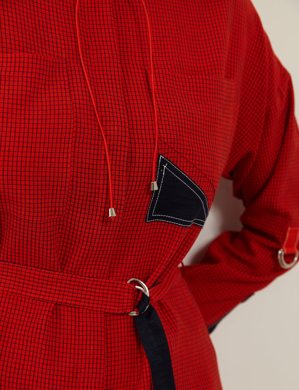 Belted Gingham Grandad Collar Tunic B21 21035 Red