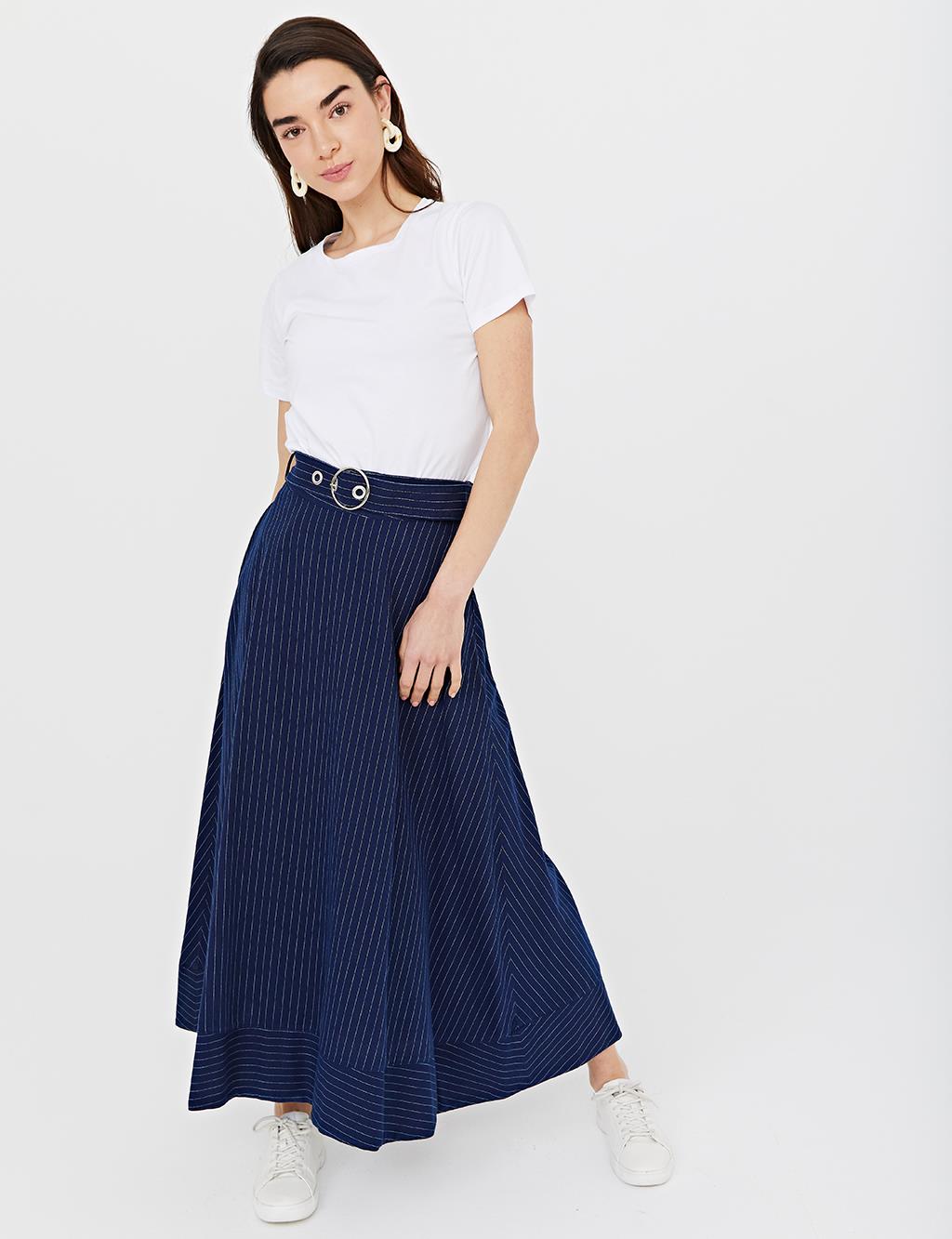 Belted Striped A-line Skirt B21 12006 Navy