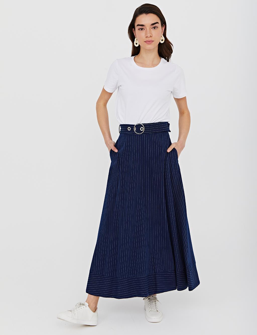 Belted Striped A-line Skirt B21 12006 Navy