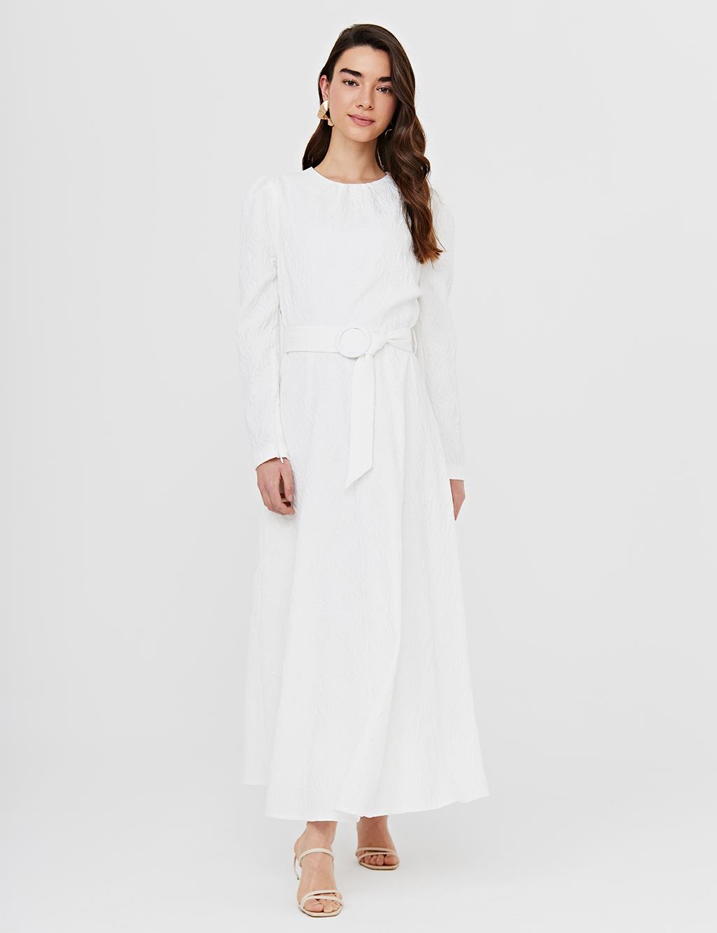 Belted Crinkle Dress White B21 23037