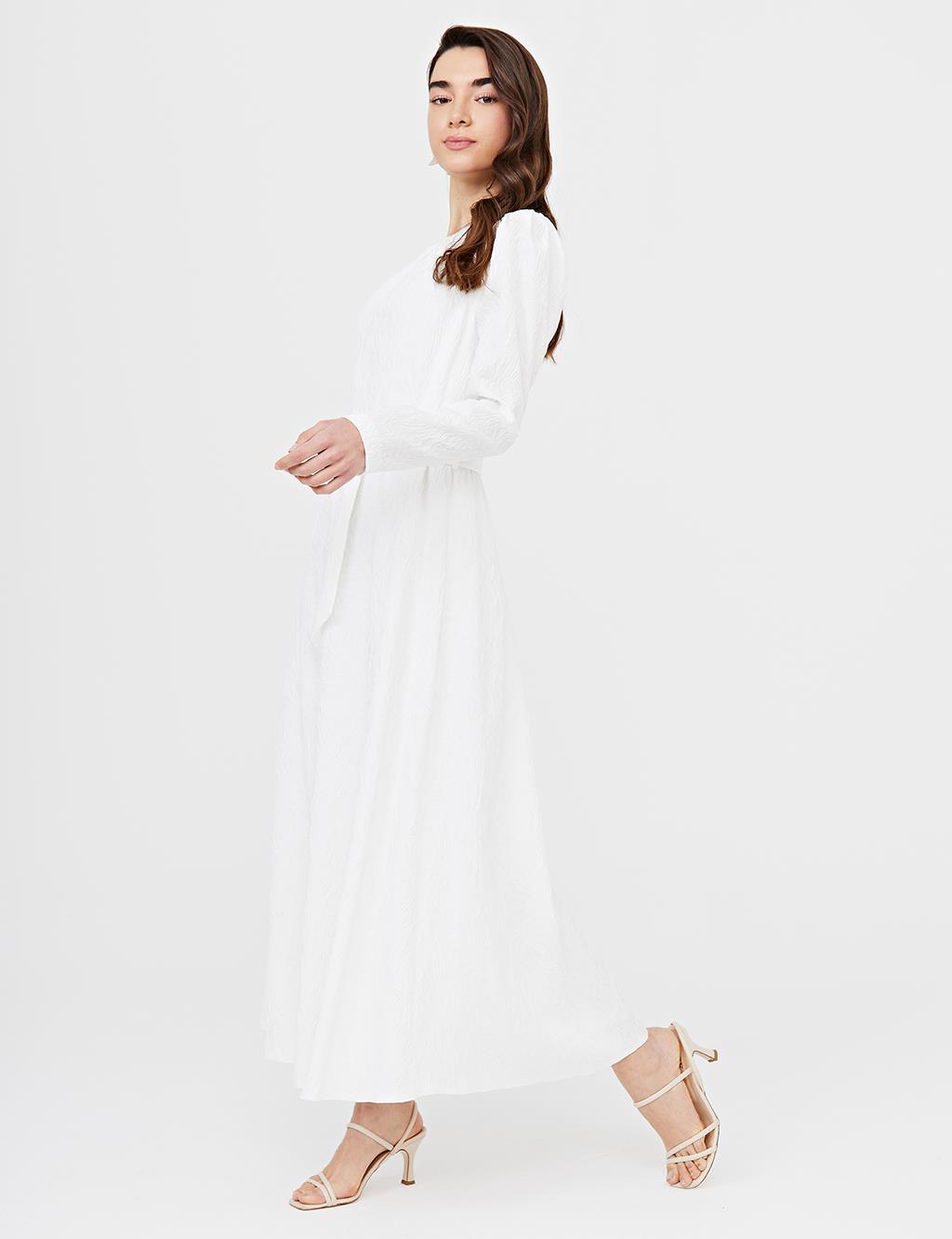 Belted Crinkle Dress White B21 23037