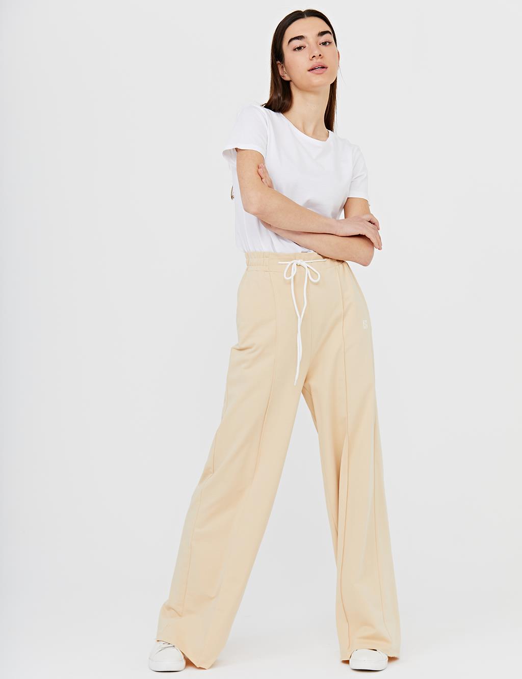 Wide Leg Pants With Contrast Stitching B21 19040 Beige