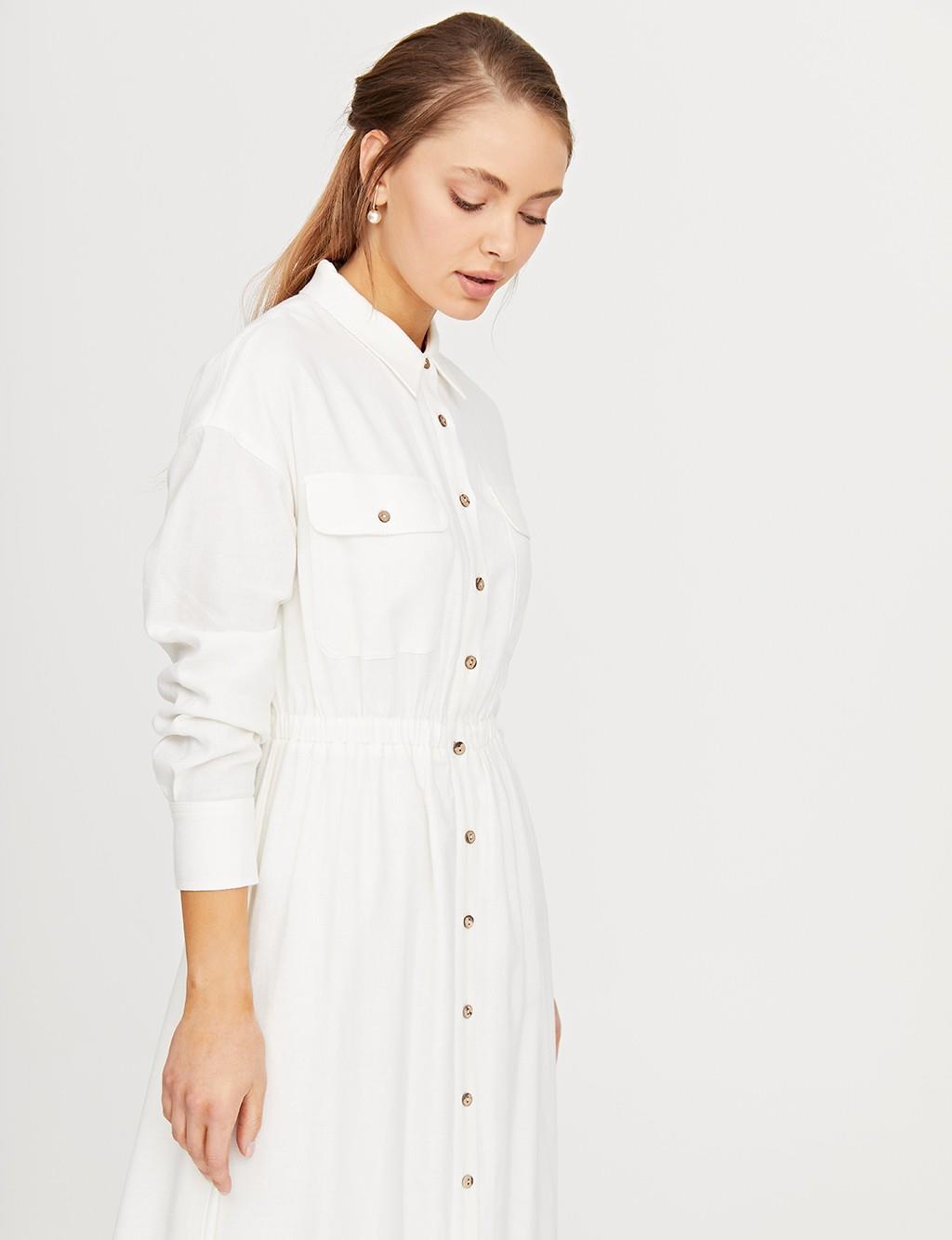 Buttoned Dress with Double Pocket B21 23156 Ecru