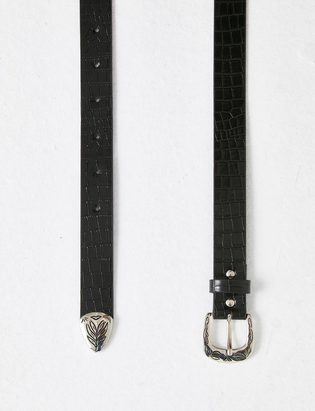 Metal Embroidered Patent Leather Belt B21 KMR01 Black