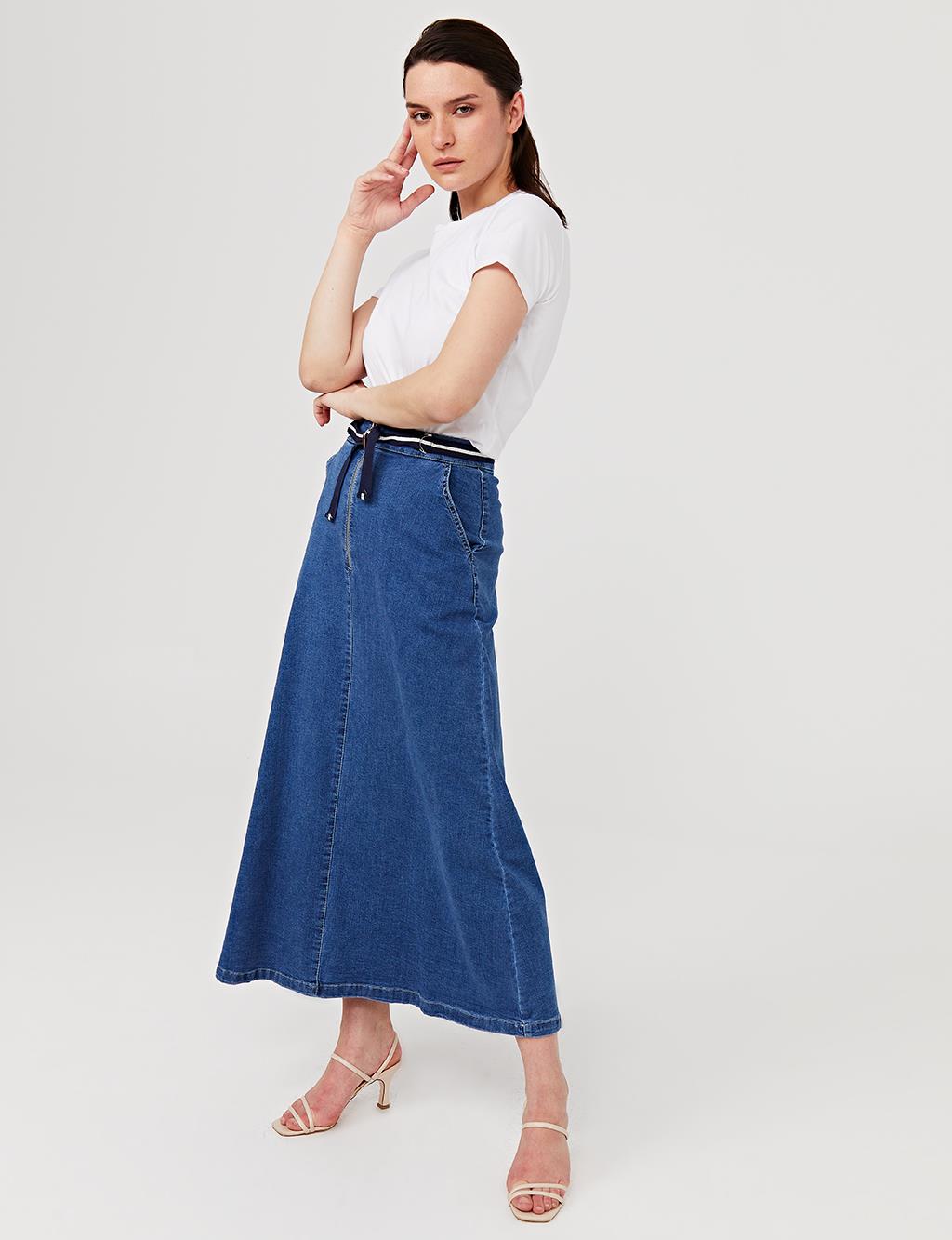 KYR Belted Denim Pencil Skirt B21 72007 Blue