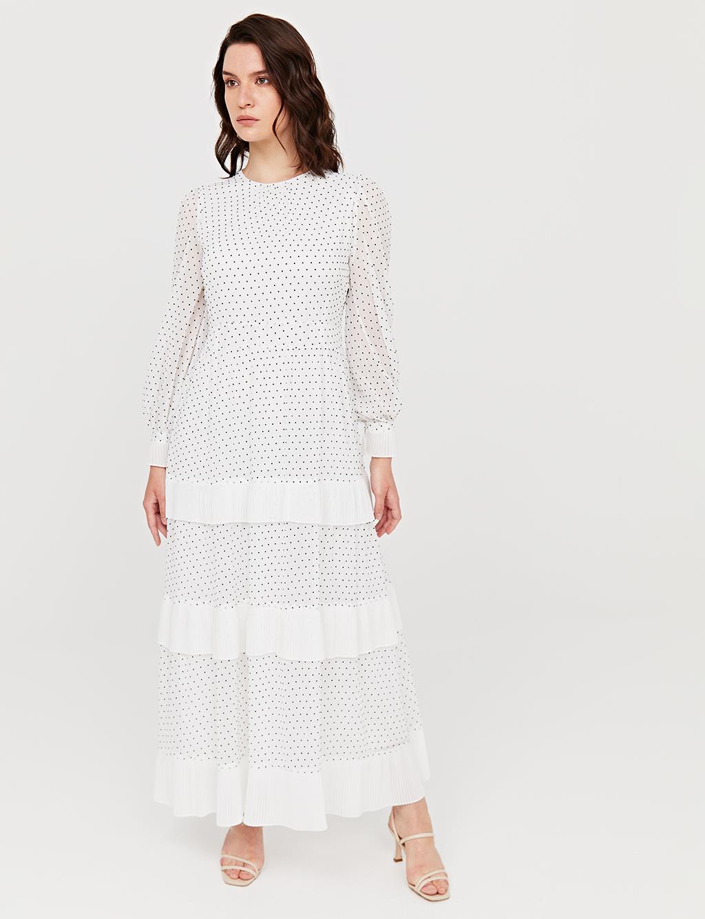 Folded Skirt Chiffon Detailed Dress B21 23139 White