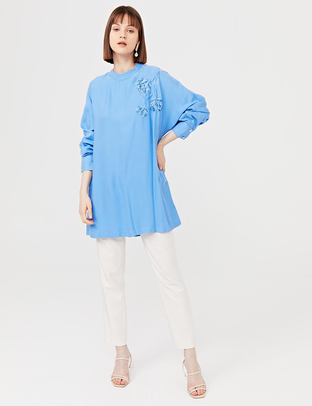 Embroidered Round Neck Collar Blouse B21 10133 Blue