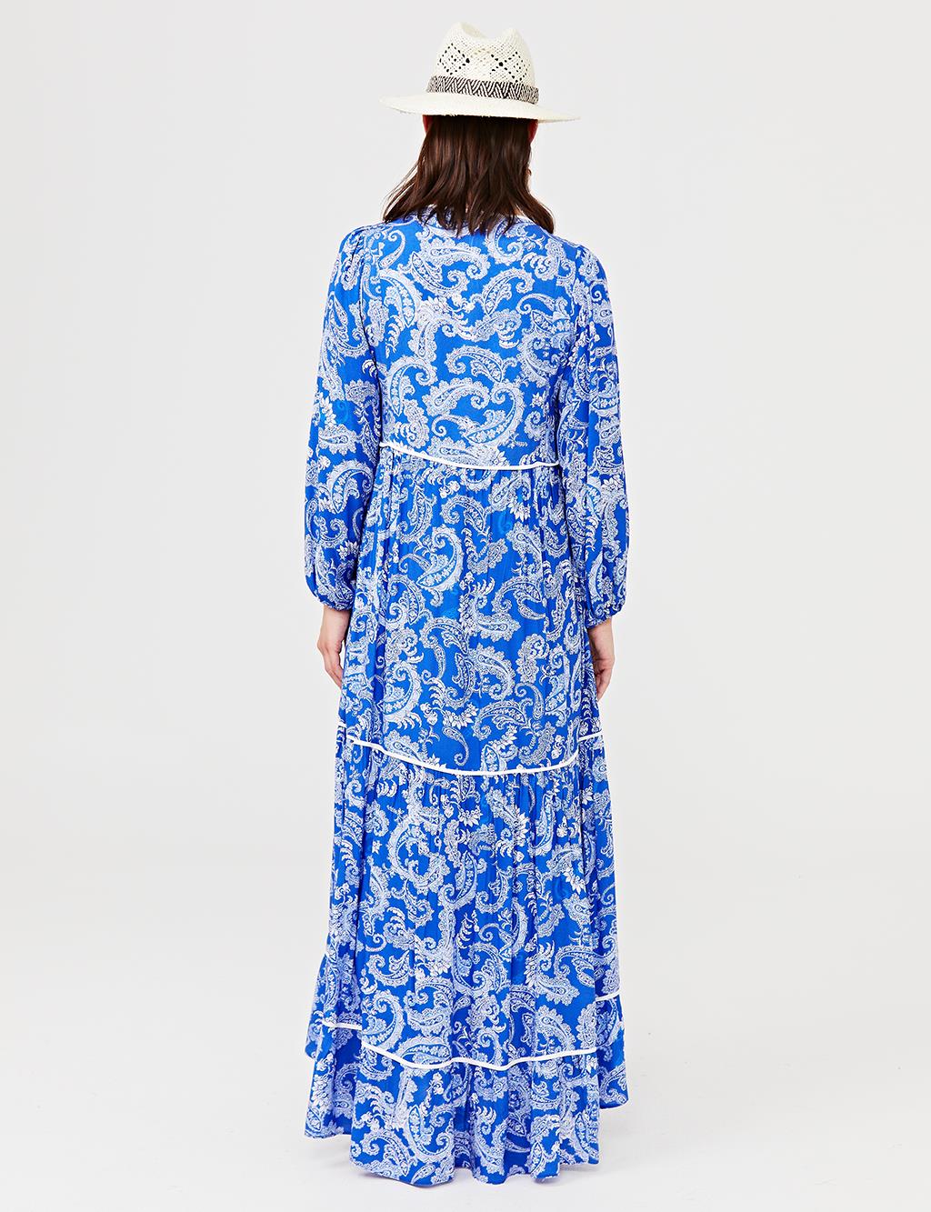Ethnic Patterned Ruffle Dress B21 23157 Blue