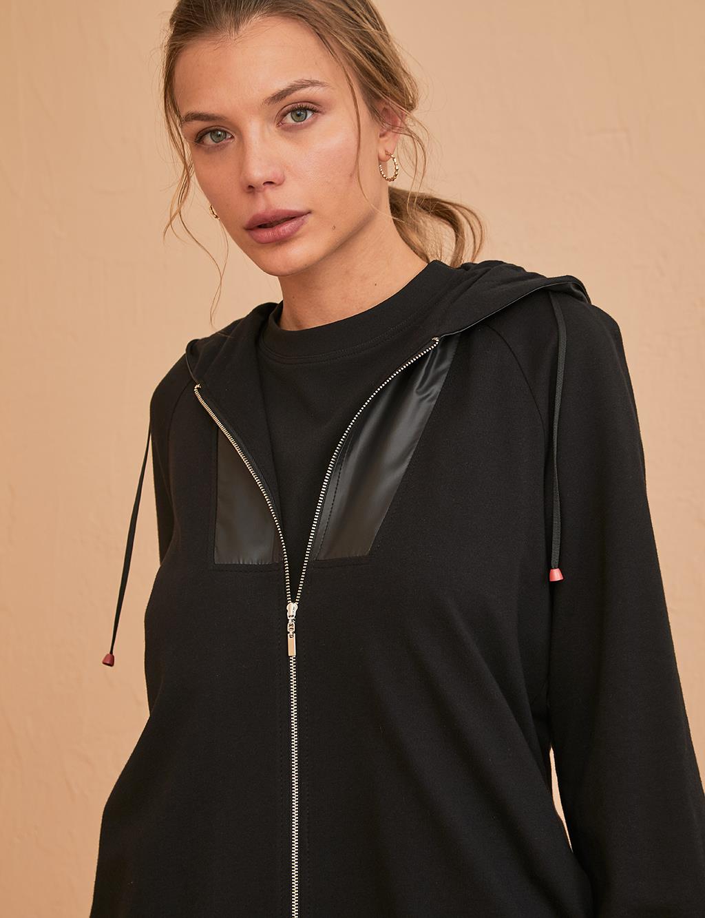 KYR Leather Detailed Hooded Sweatshirt B21 73008 Black