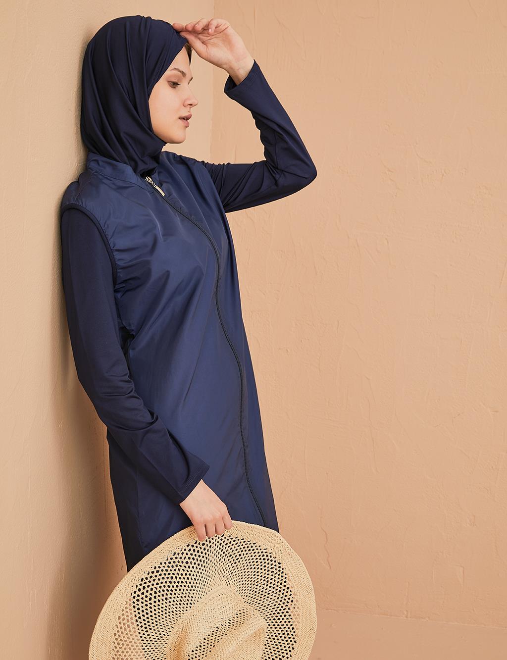 Zipper Closure Hijab Swimsuit Set B21 PLJ14 Navy