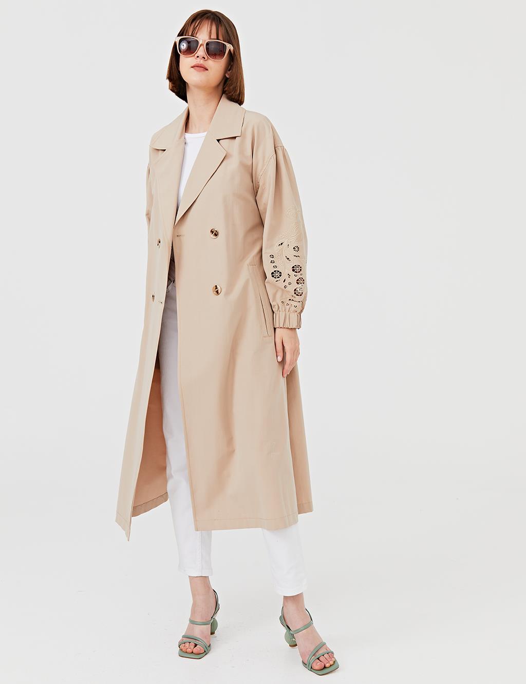 Embroidered Sleeves Off Shoulder Trench Coat B21 14023 Beige