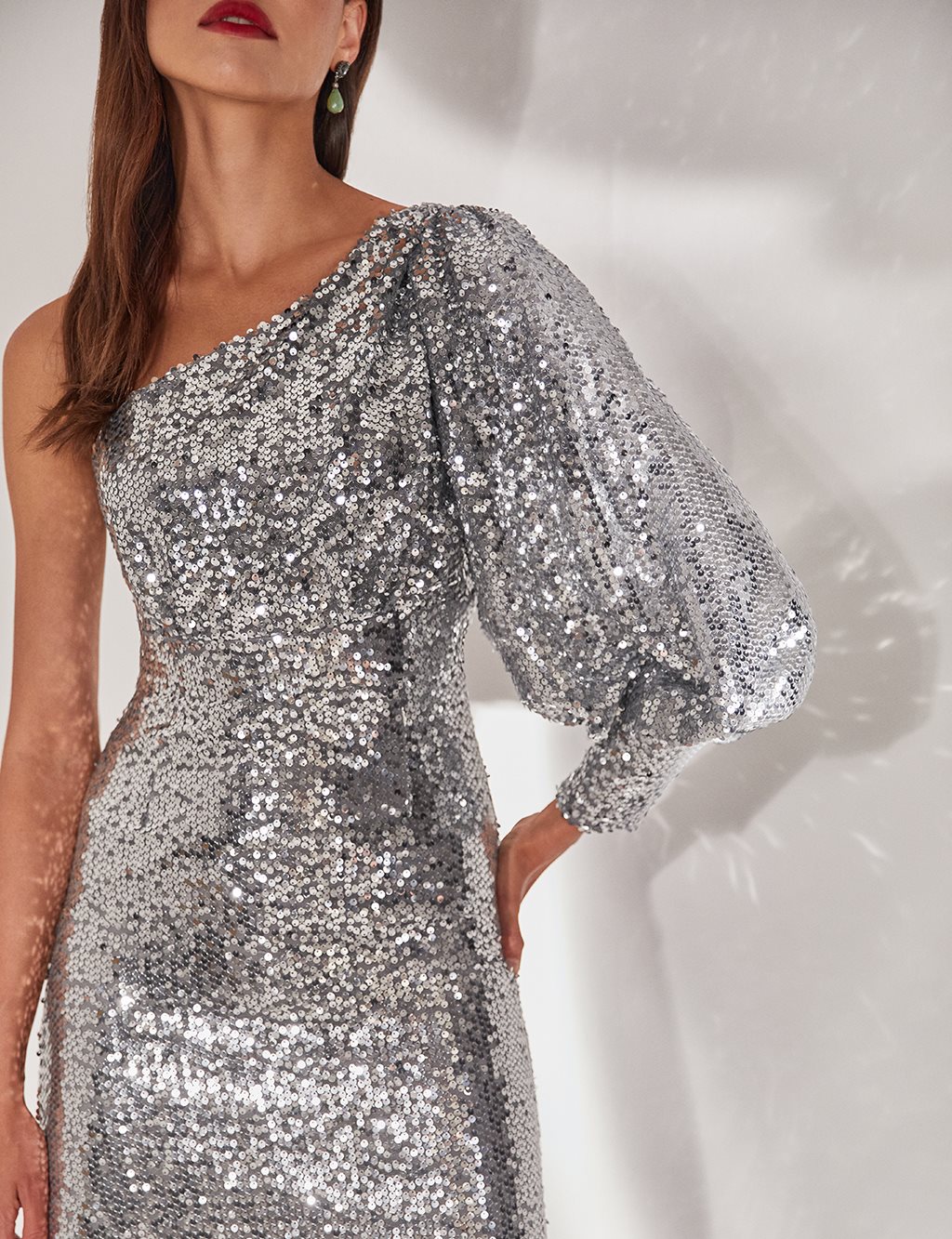TIARA Sequined Asymmetrical Sleeve Dress Silver 260636