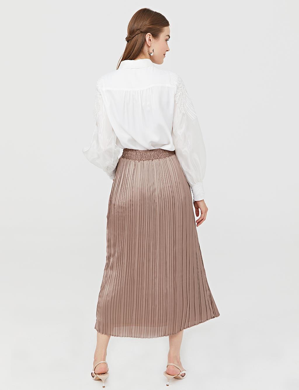 Silvery Jacquard Pleated Skirt B21 12016 Camel