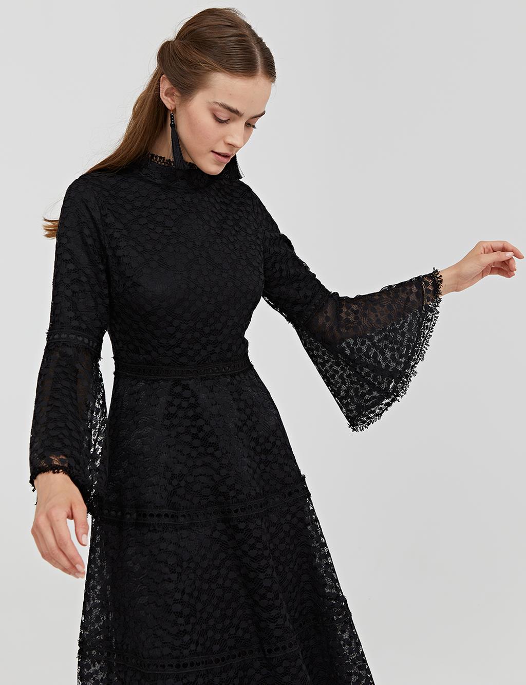 Three Quarter Sleeve Lace Dress A21 23018 Black