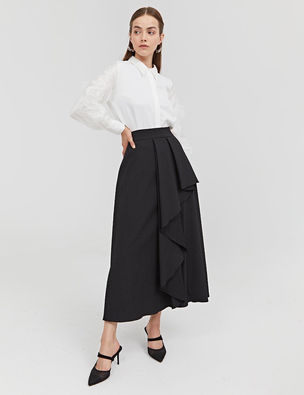 Wide Pleated Asymmetrical Cut Skirt A21 12034 Black