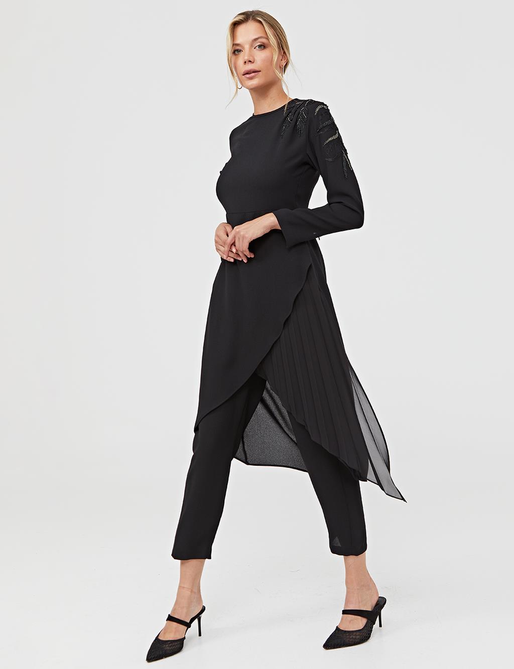 Shoulder Embroidered Asymmetric Cut Binary Suit A21 16003 Black