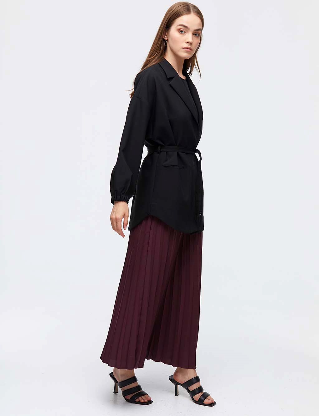 Pleated A-line Skirt A21 12032 Claret Red - Kayra.com