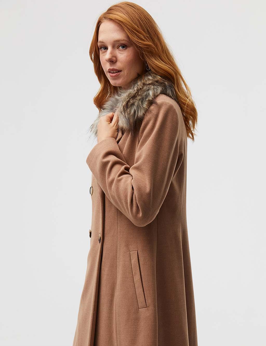 beige wool coat with fur collar