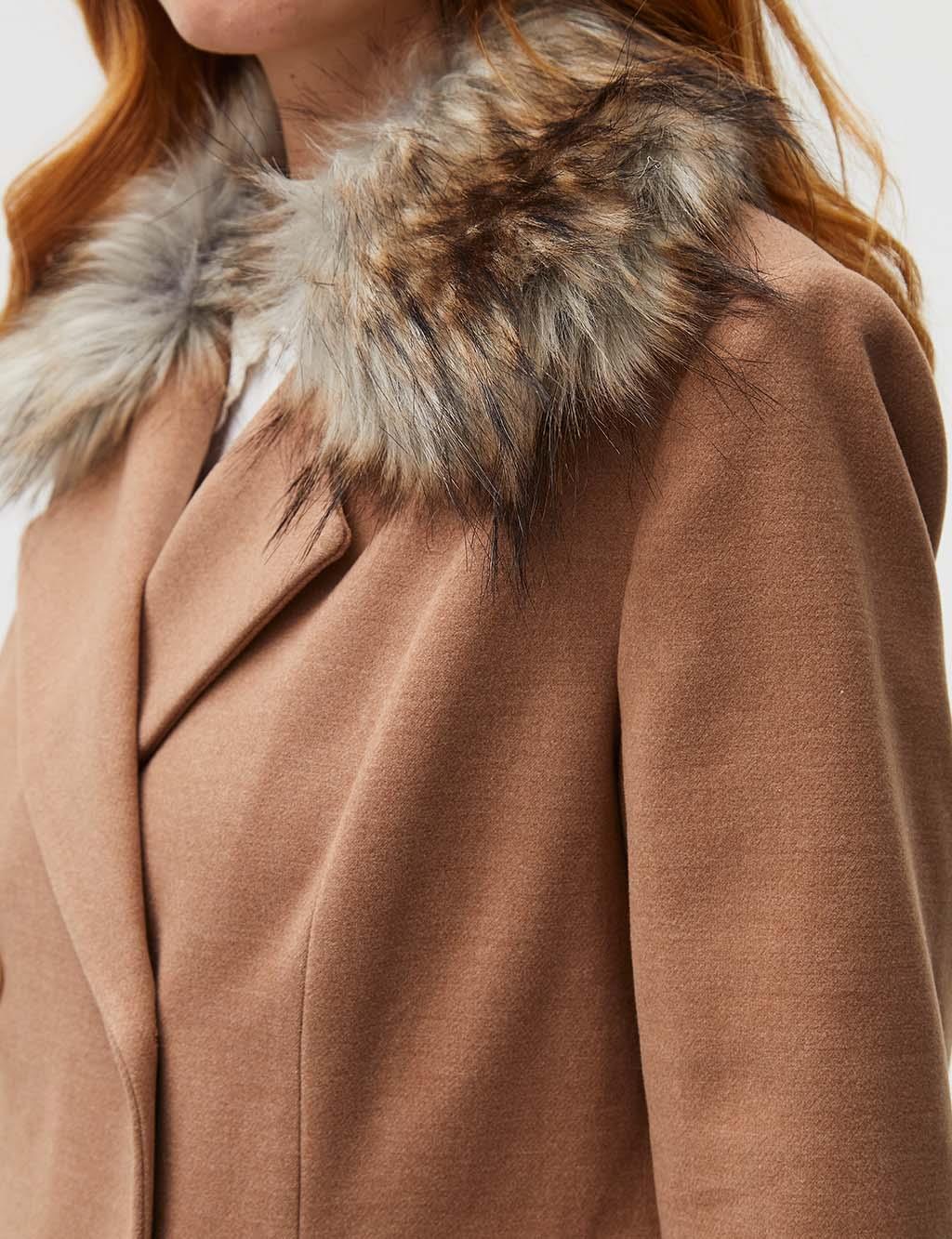 beige wool coat with fur collar