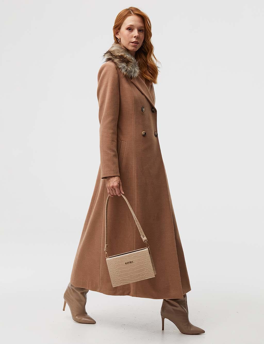 beige wool coat with fur collar