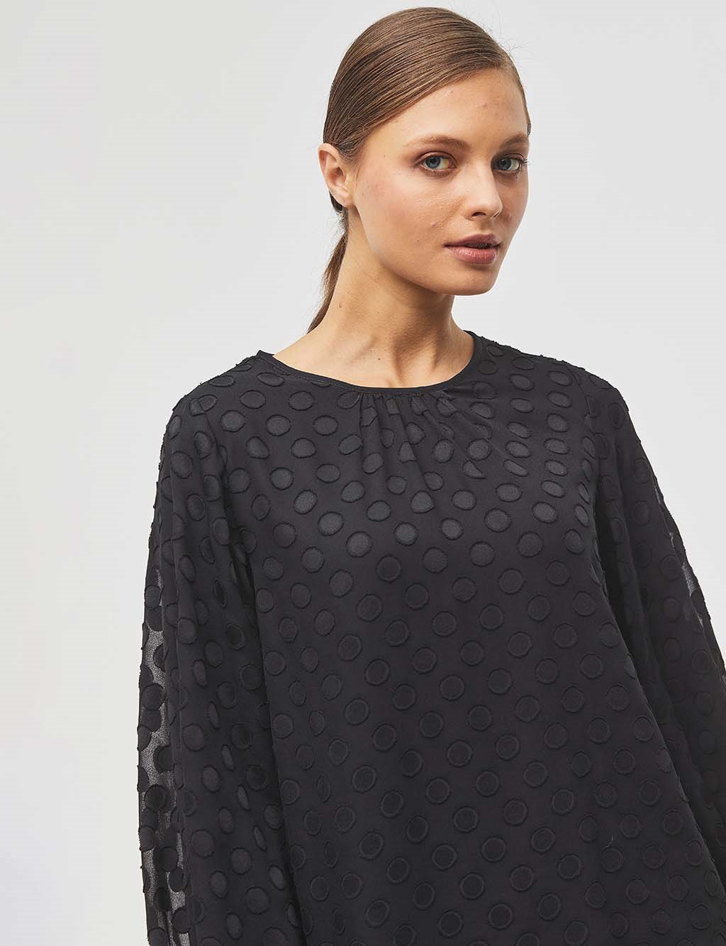 Asymmetric Cut Polka Dot Tunic Black - Kayra.com