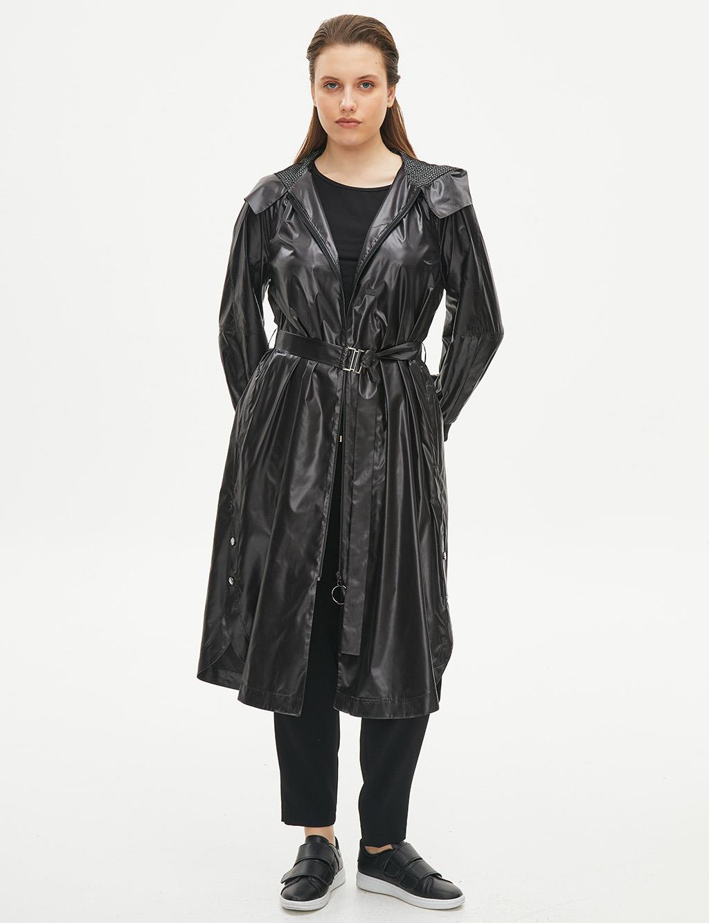 Faux Leather Raglan Sleeve Wear-Go Black - Kayra.com