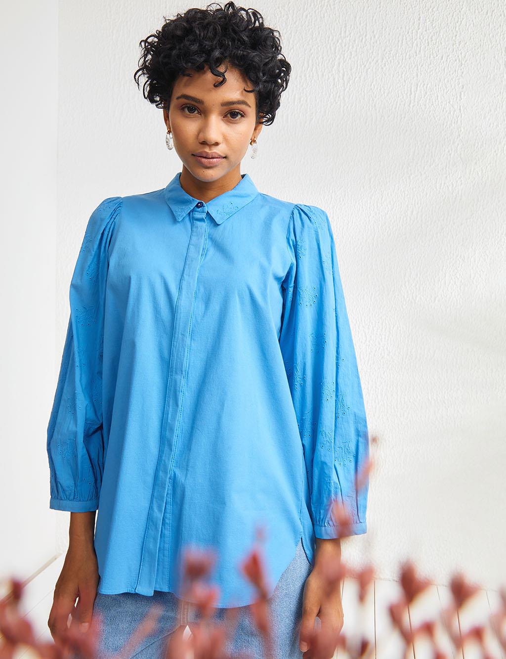 Embroidered Balloon Sleeve Blouse B21 10007 Blue