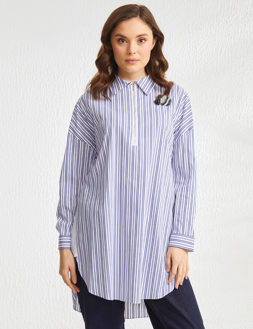 Half Zipper Striped Tunic Navy - Kayra.com