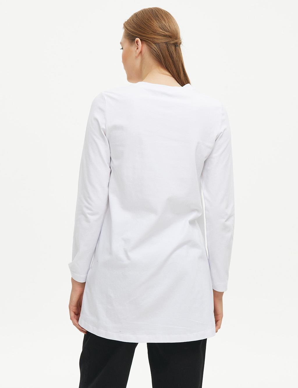 Sıfır Yaka Baskılı T-Shirt Beyaz