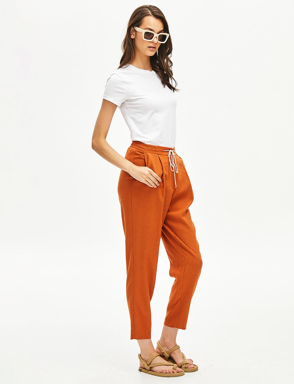 Elastic Waist Pleated Carrot Pants Camel 