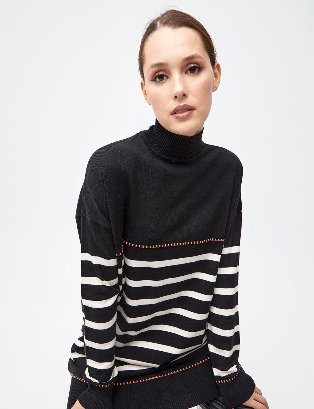 Striped Half Turtleneck Knitwear Tunic Black - Kayra.com