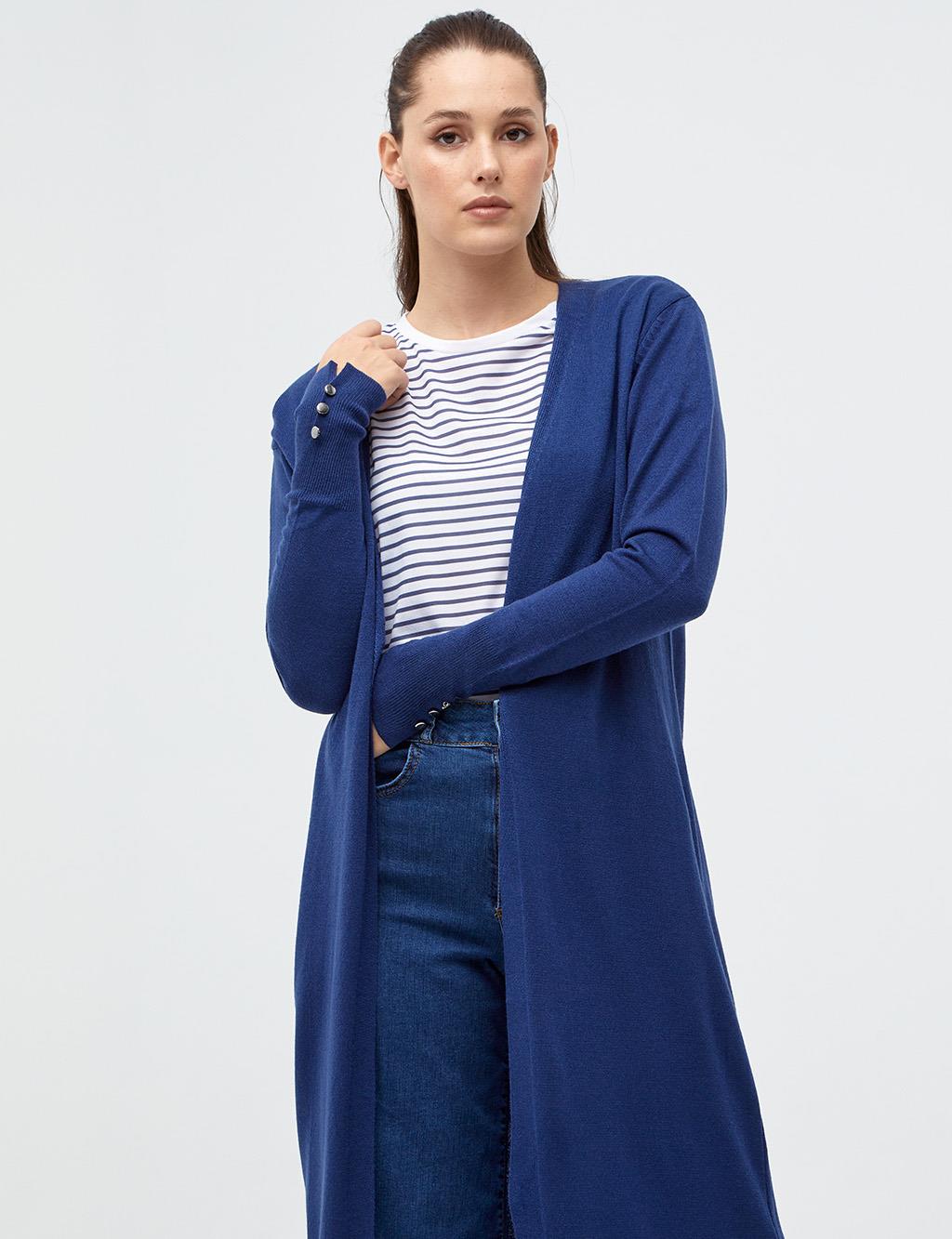 Buttonless Long Knitwear Cardigan Indigo - Kayra.com