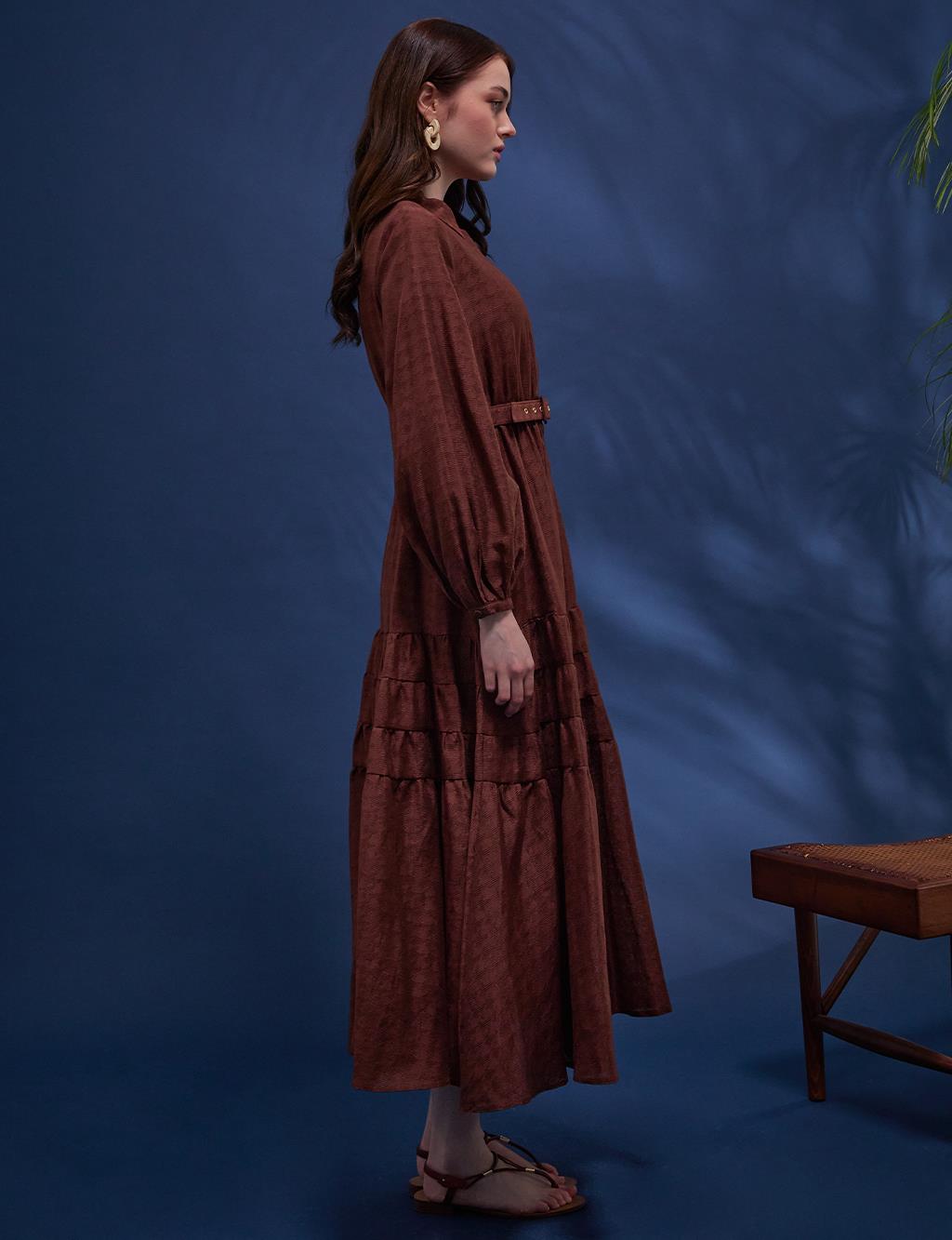 Layered Balloon Sleeve Dress Red Brown