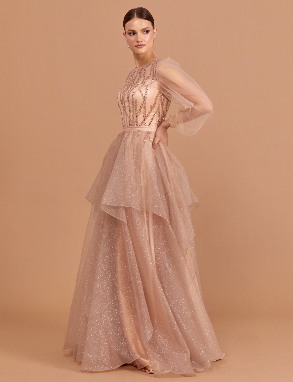 Sequined Tulle Covered Evening Dress Copper 260920 75 Kayra