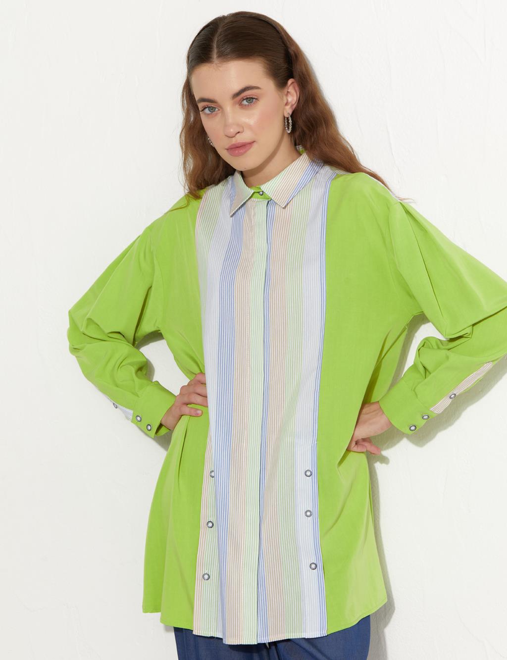 3/4 Slv HIdden Placket Shirt in Blue Stripes main image 1