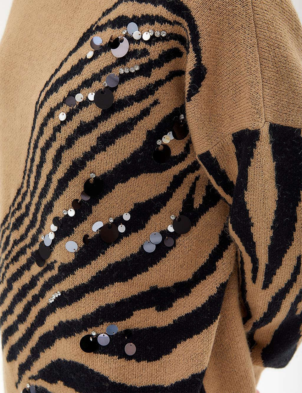 Exclusive Animal Print Triko Tunik Bej-Siyah