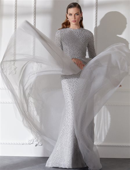 TIARA Pearl Detailed Evening Gown B9 26017 Grey