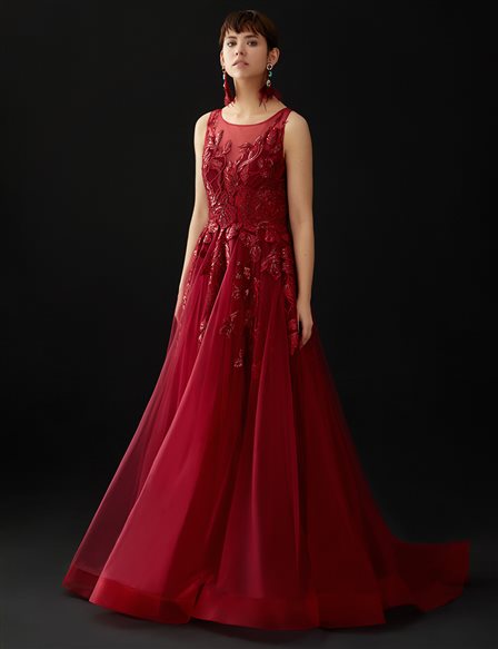 TIARA İşlemeli İllüzyon Yaka Şifon Abiye B20 26171 Burgundy