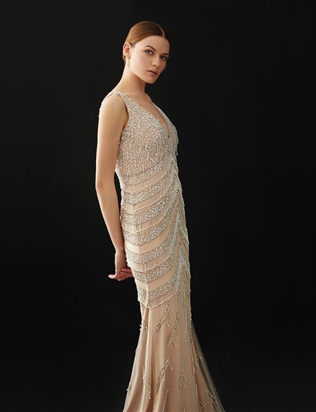 TIARA Deep V Neck Embroidered Evening Dress B20 26119 Beige