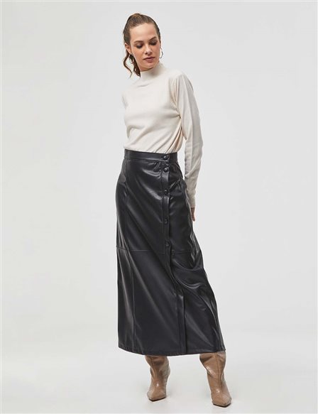 KYR Stitch Detail Faux Leather Skirt Black