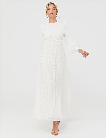 Jacquard Balloon Sleeve Dress Ecru